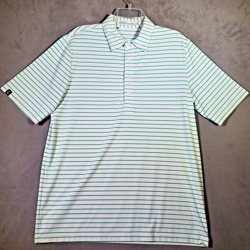 Criquet Polo Shirt Mens M White Green Stripe Active‎ Performance Stretch Golf